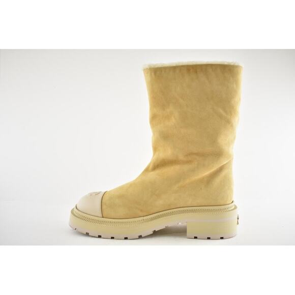 Chanel 20N Beige Suede Shearling Fur CC Cap Toe Pull On Mid Calf Tall Boots 37.5 - Picture 8 of 12